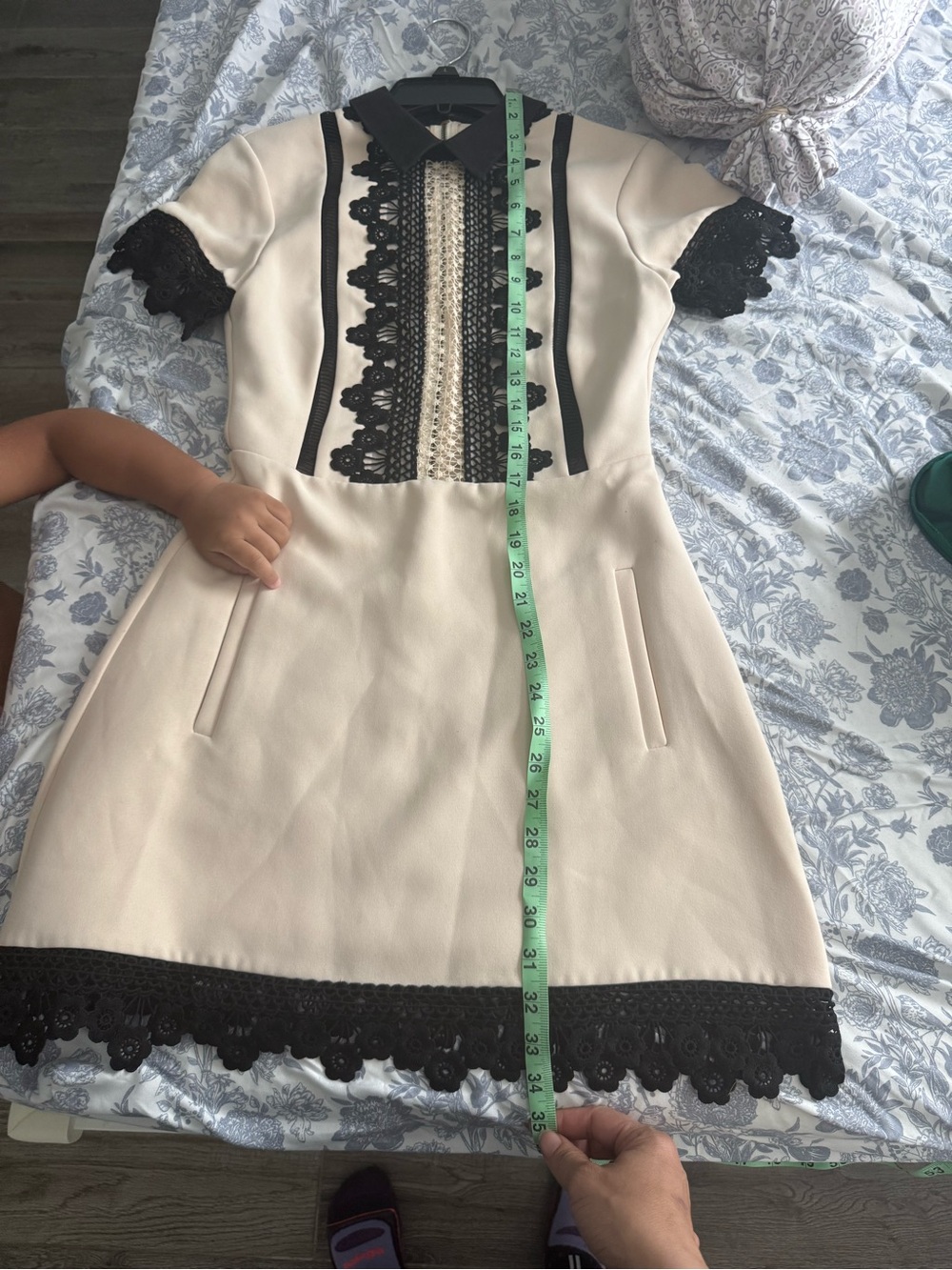 Self-Portrait Cream Dress with Black Lace Trim